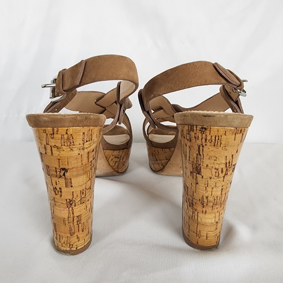 Barneys New York Brown Suede Strappy Leather Block Heel Platform Sandal Size 8 - Picture 7 of 11